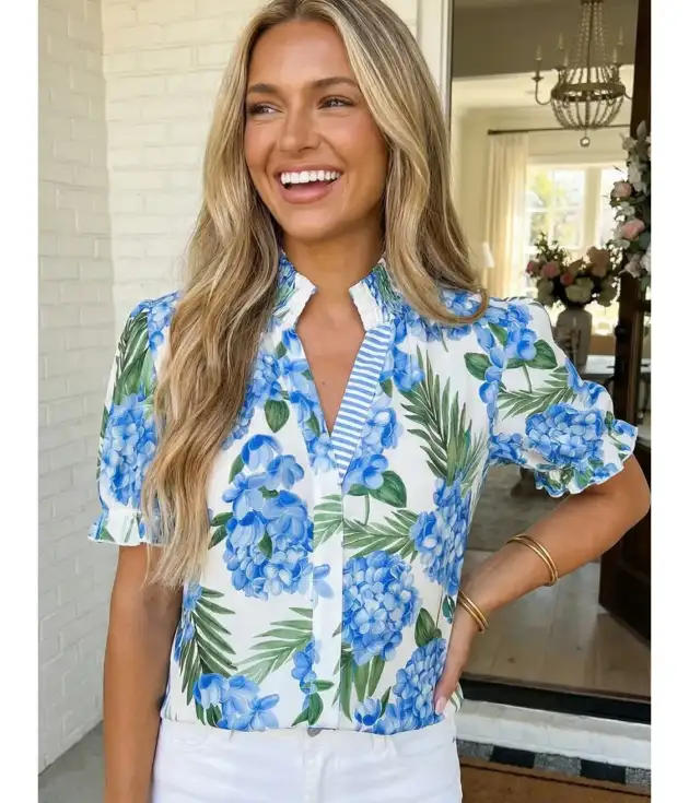 Floral Print Striped Patchwork V Neck Blouse