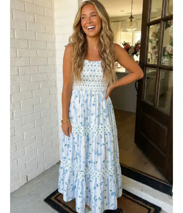 Floral Smocked Tied Straps A-Lined Maxi Dress